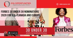 FORBES 30 Under 30 Nominations 2020 For U.S./Canada and Europe