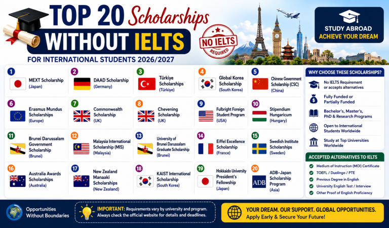 Top 20 Scholarships Without IELTS for International Students (2026/2027)