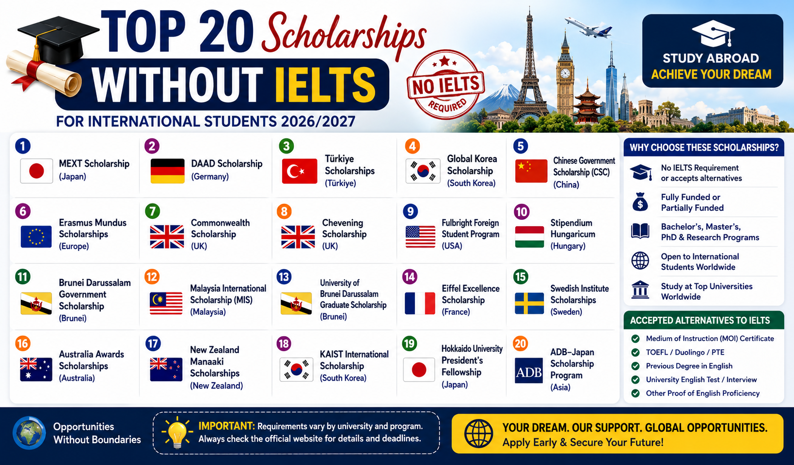 Top 20 Scholarships Without IELTS for International Students (2026/2027)