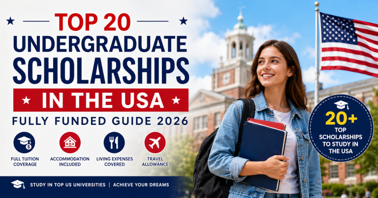 Explore the top 20 undergraduate scholarships in the USA for international students in 2026. Find fully funded and need-based scholarships covering tuition, living expenses, and more at top US universities.