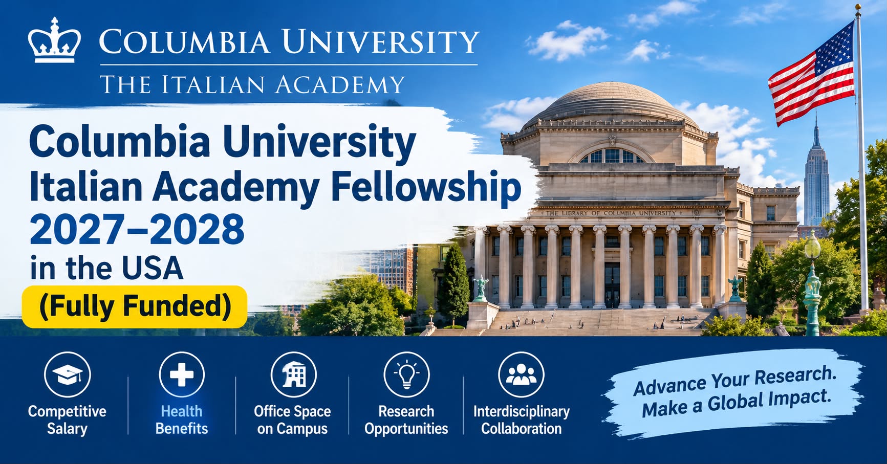 Columbia University Italian Academy Fellowship 2027in the USA (Fully Funded)